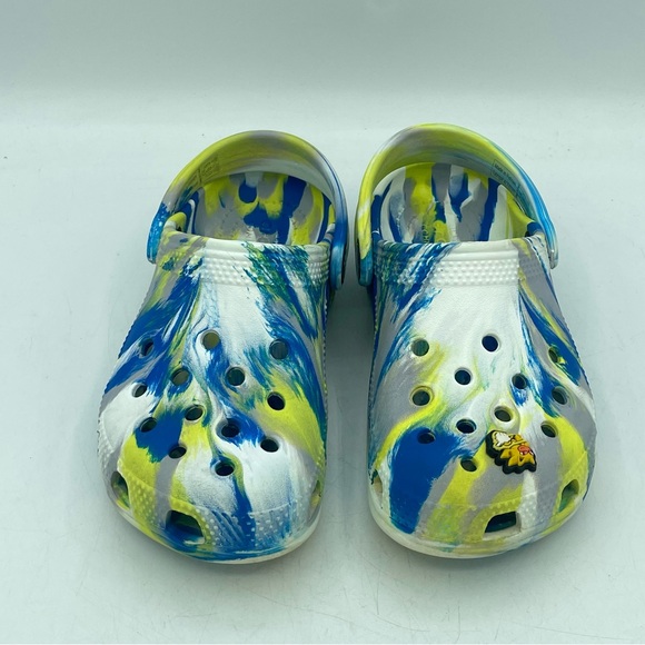CROCS Classic Clog Youth Size C 12 Marbled Tie Dye Blue Yellow + Super Sonic - Picture 8 of 12